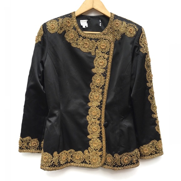 Niteline Jackets & Coats Smooth Satin Gold Heavily Beaded Trim Jacket Poshmark